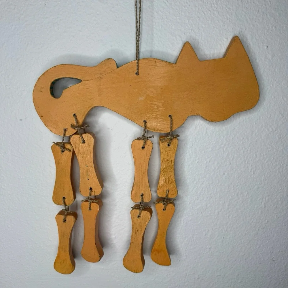Cat Skeleton Wooden Hand Painted Orange & Turquoise Wind Chime Day Of‎ The Dead